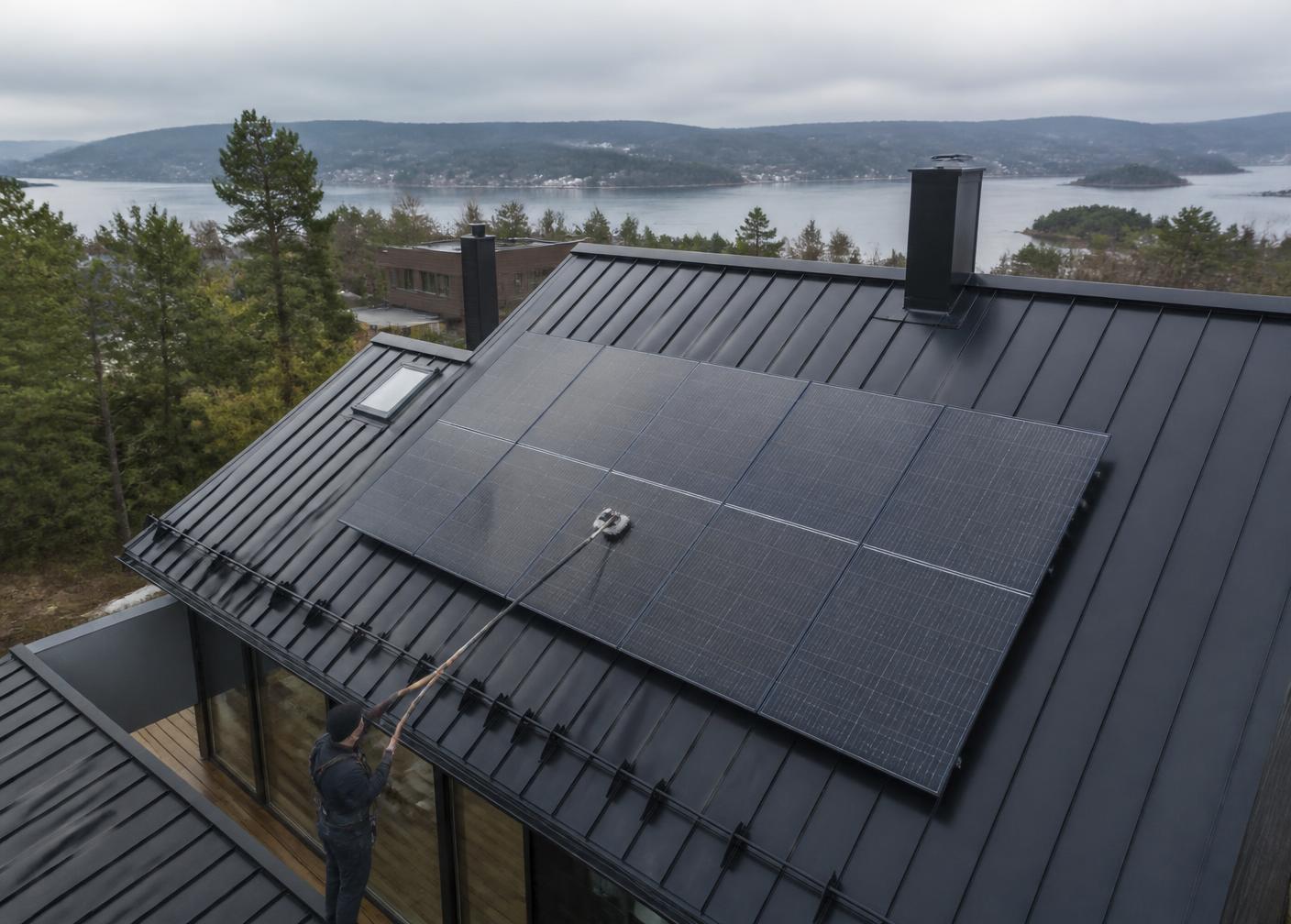 Rooftop solar array being cleaned with a soft brush pole